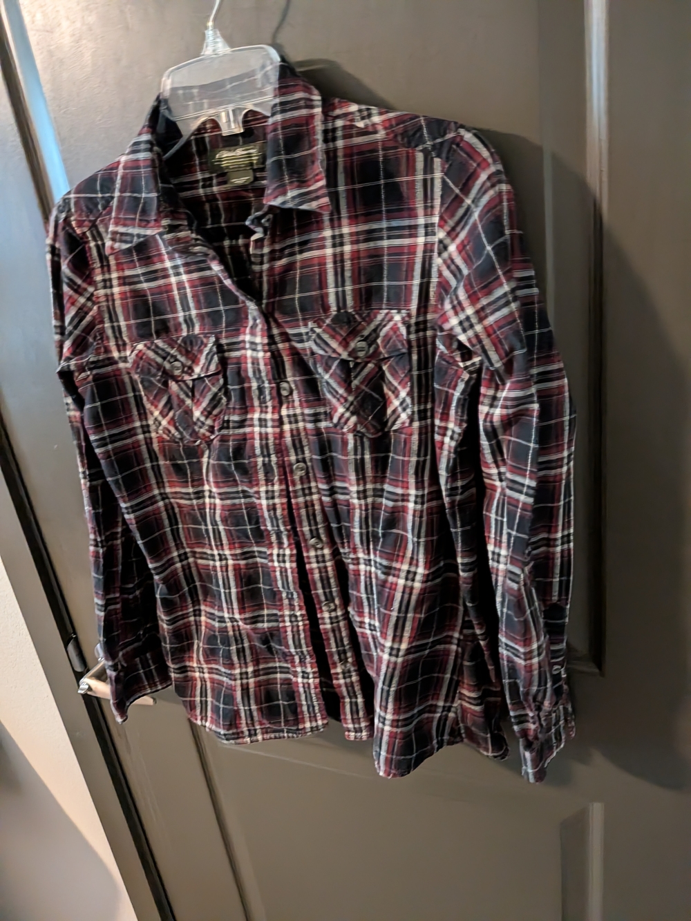 Eddie Bauer Men's Red and Black Plaid Button-Up Shirt